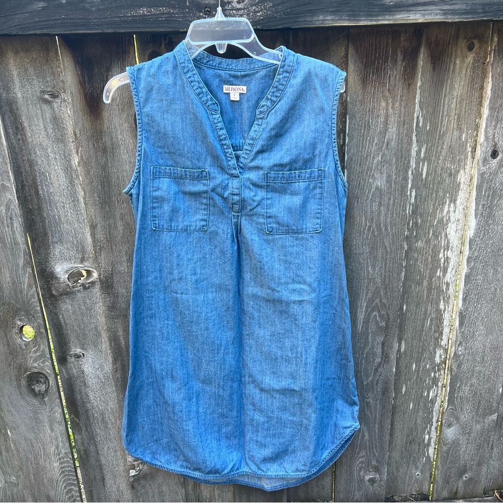 Merona Denim Sleeveless Shirt Dress Size Large Women’s 36” Length